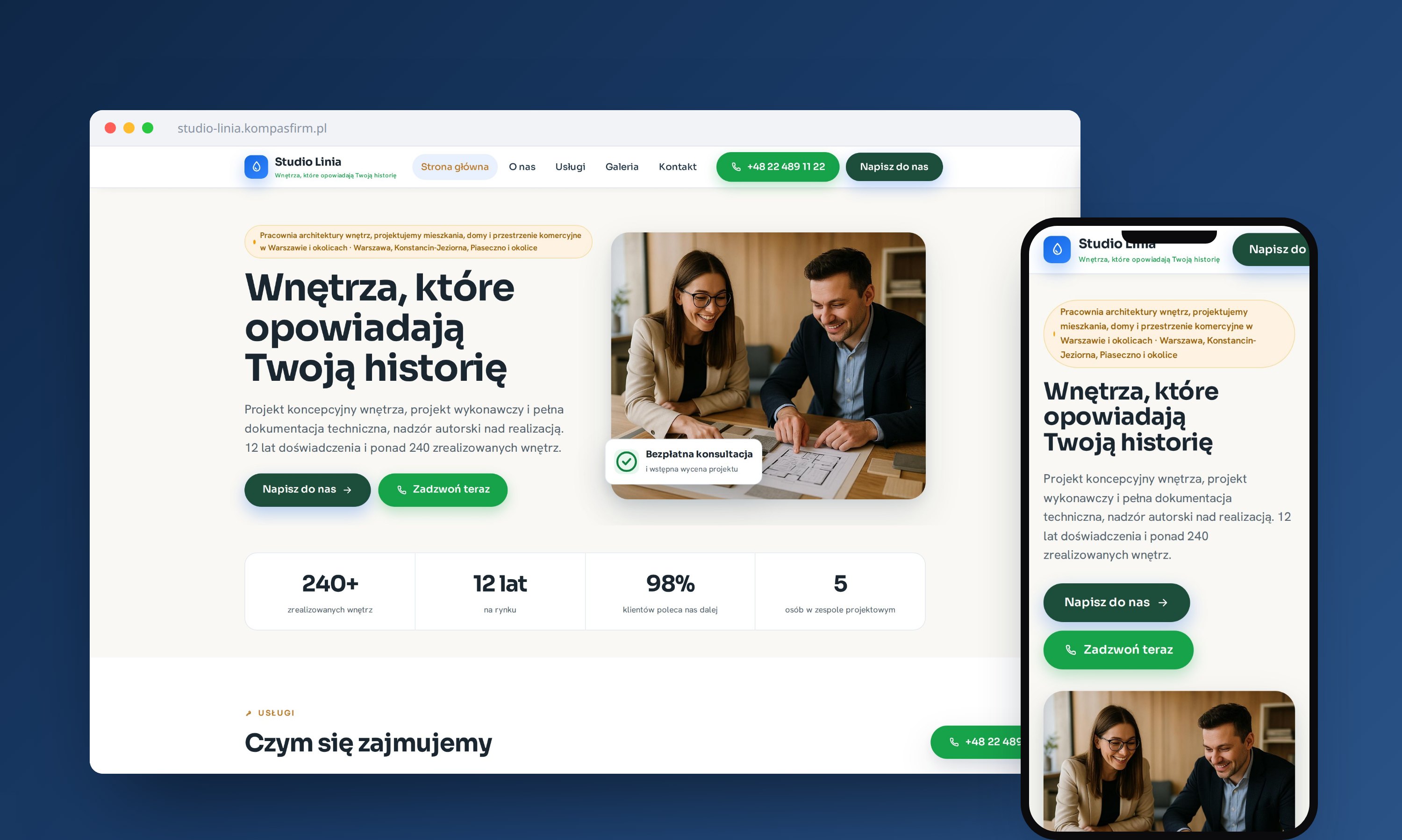 Wielopodstronowa strona firmowa na desktopie i telefonie, przykład Studio Linia